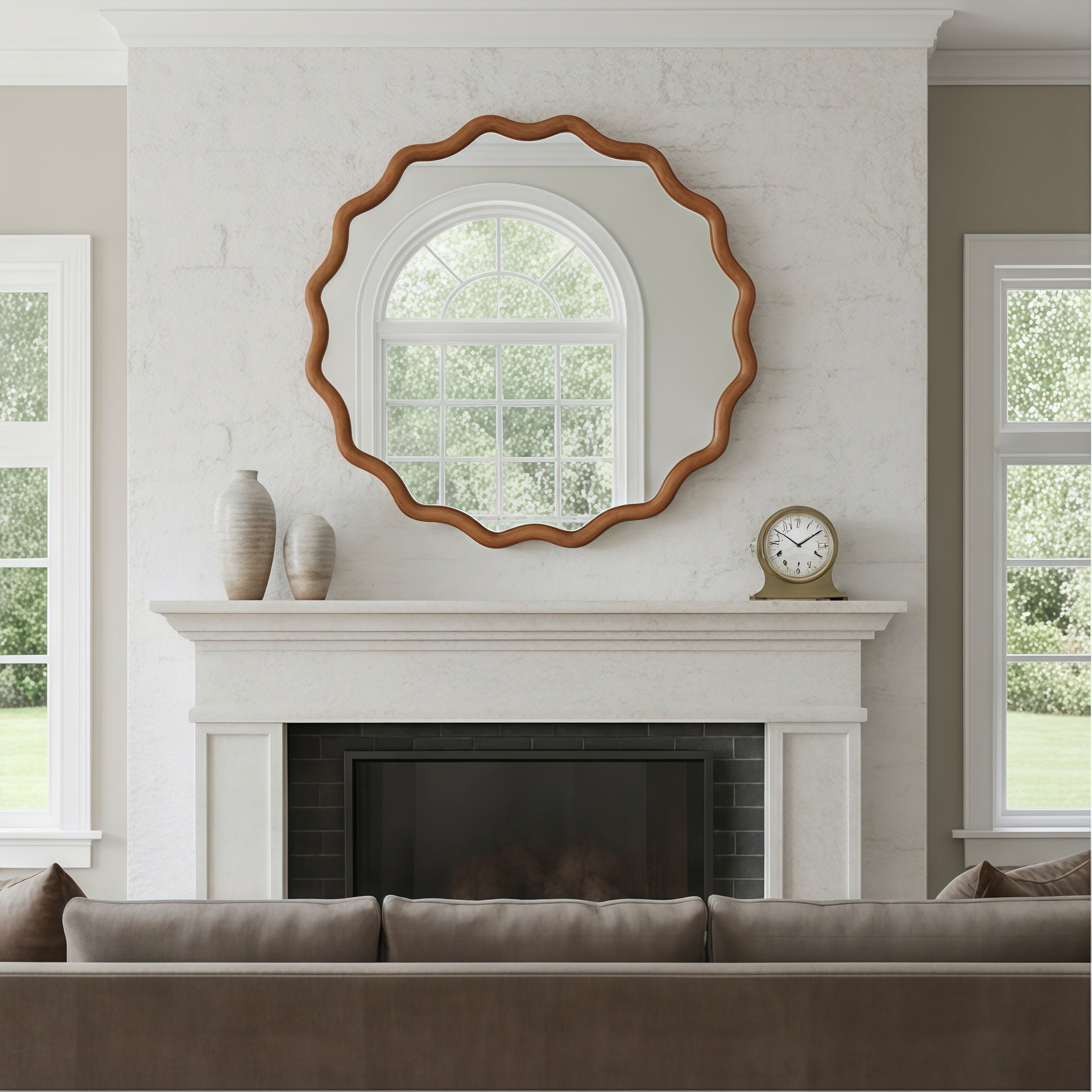 Yellowish Brown 30 inch Wavy Round Solid Wood Frame Decorative Mirror,For Bedroom, Bathroom, Living Room, Entryway