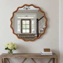 Yellowish Brown 30 inch Wavy Round Solid Wood Frame Decorative Mirror,For Bedroom, Bathroom, Living Room, Entryway