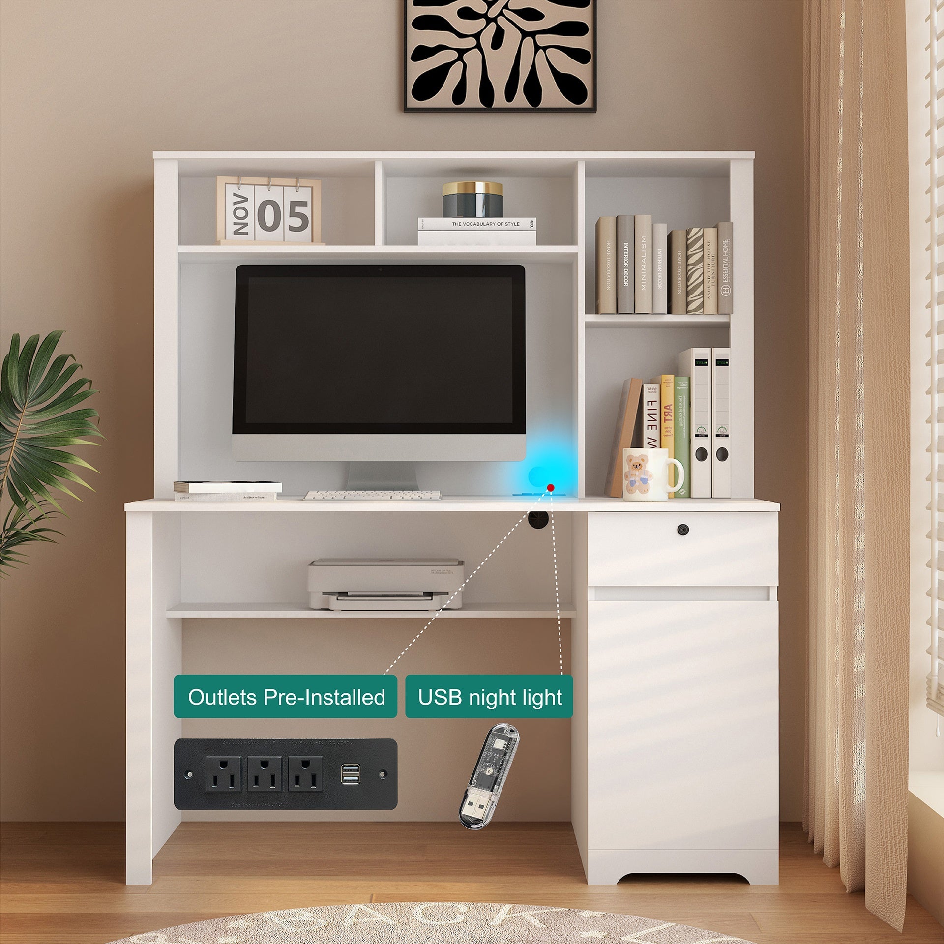 Computer Desk with Hutch & Bookshelf,Wood Executive Desk Teens Student Desk Writing Laptop Home Office Desk with Drawers,3 AC Outlets and 2 USB Charging Ports,Study Laptop Table for Home(White)