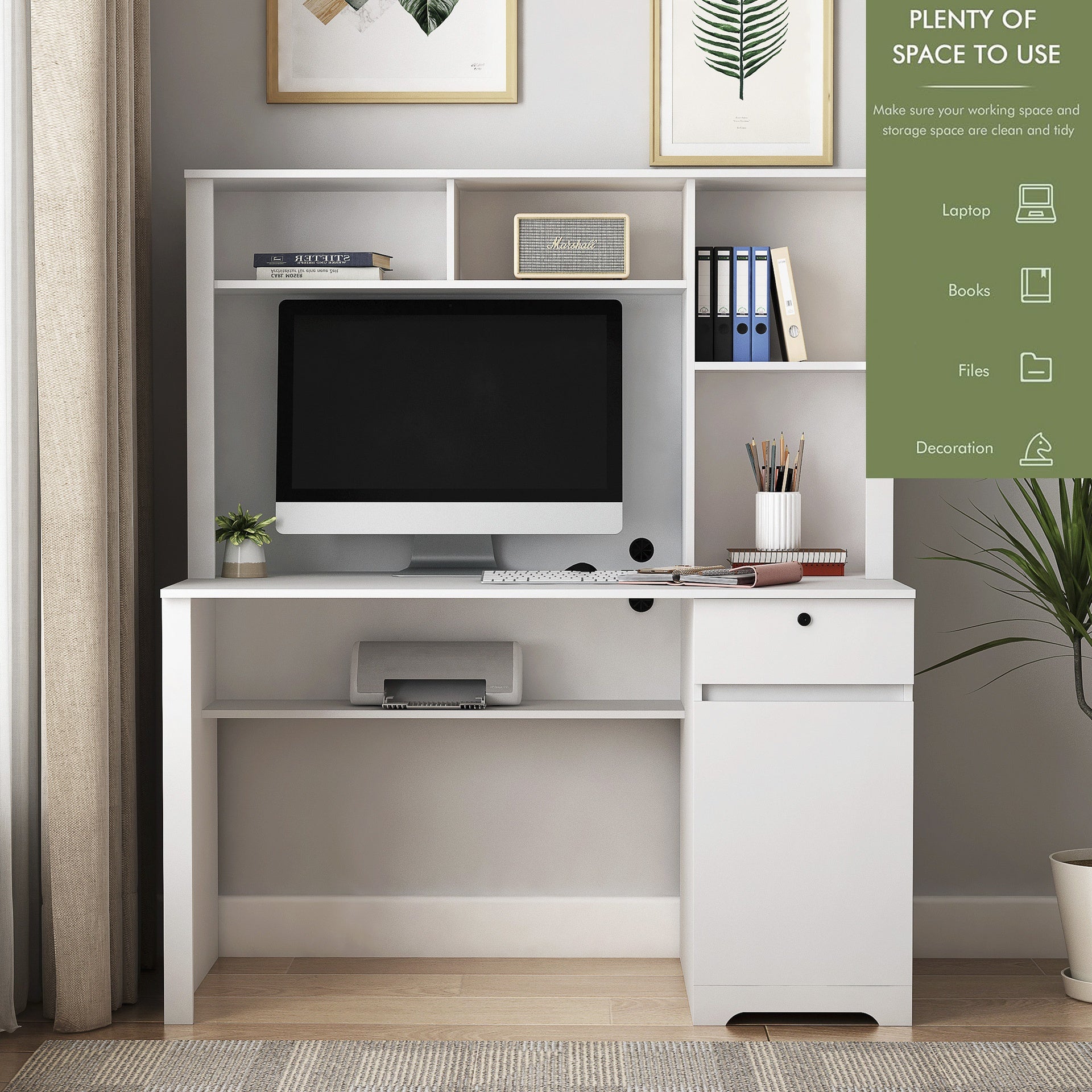 Computer Desk with Hutch & Bookshelf,Wood Executive Desk Teens Student Desk Writing Laptop Home Office Desk with Drawers,3 AC Outlets and 2 USB Charging Ports,Study Laptop Table for Home(White)