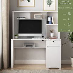 Computer Desk with Hutch & Bookshelf,Wood Executive Desk Teens Student Desk Writing Laptop Home Office Desk with Drawers,3 AC Outlets and 2 USB Charging Ports,Study Laptop Table for Home(White)