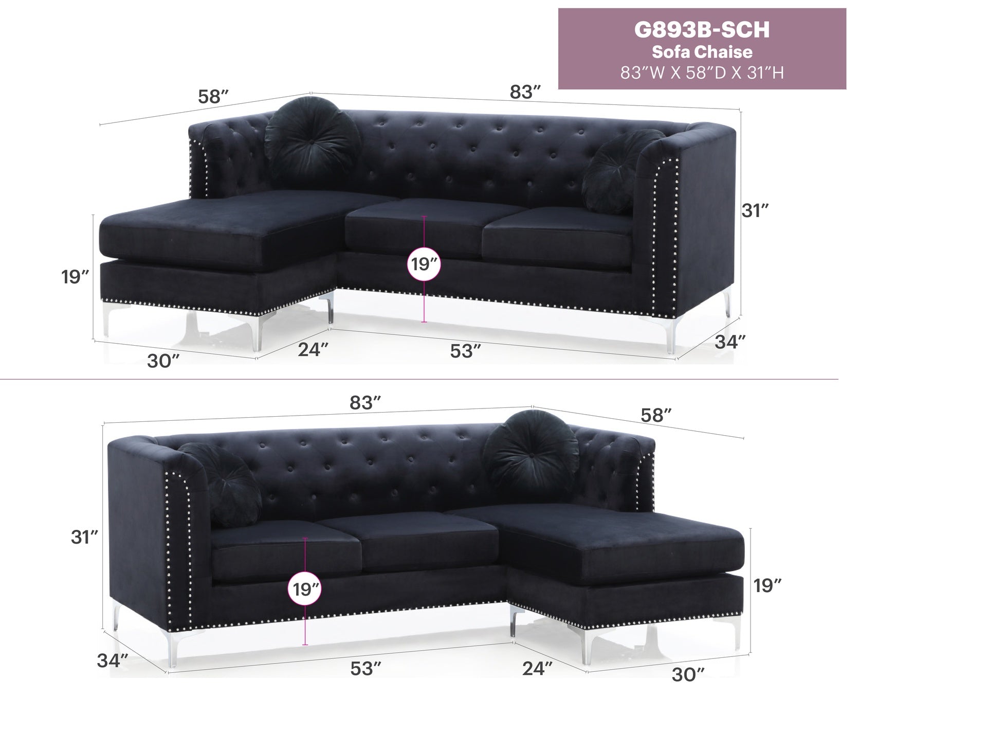 Glory Furniture Pompano G893B-SC Sofa Chaise ( 3 Boxes ) , BLACK