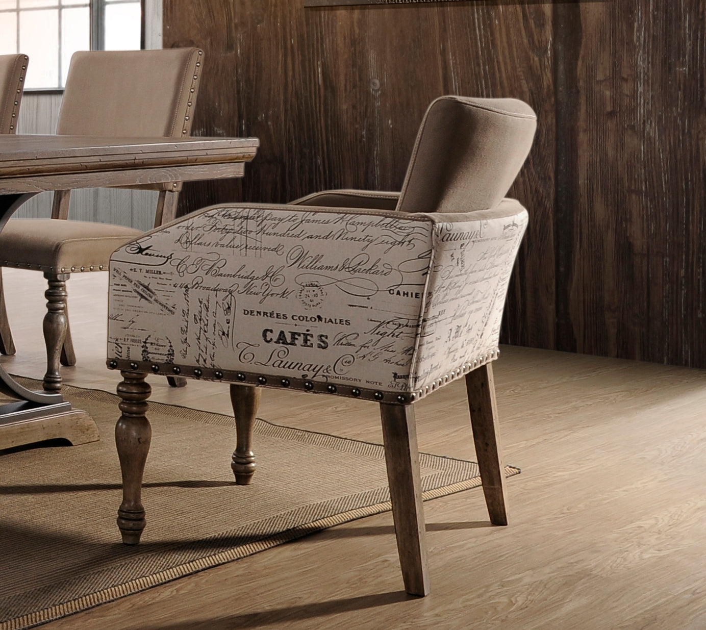 Birmingham Script Printed Driftwood Finish Dining Arm Chair with Nail head, Set of 2