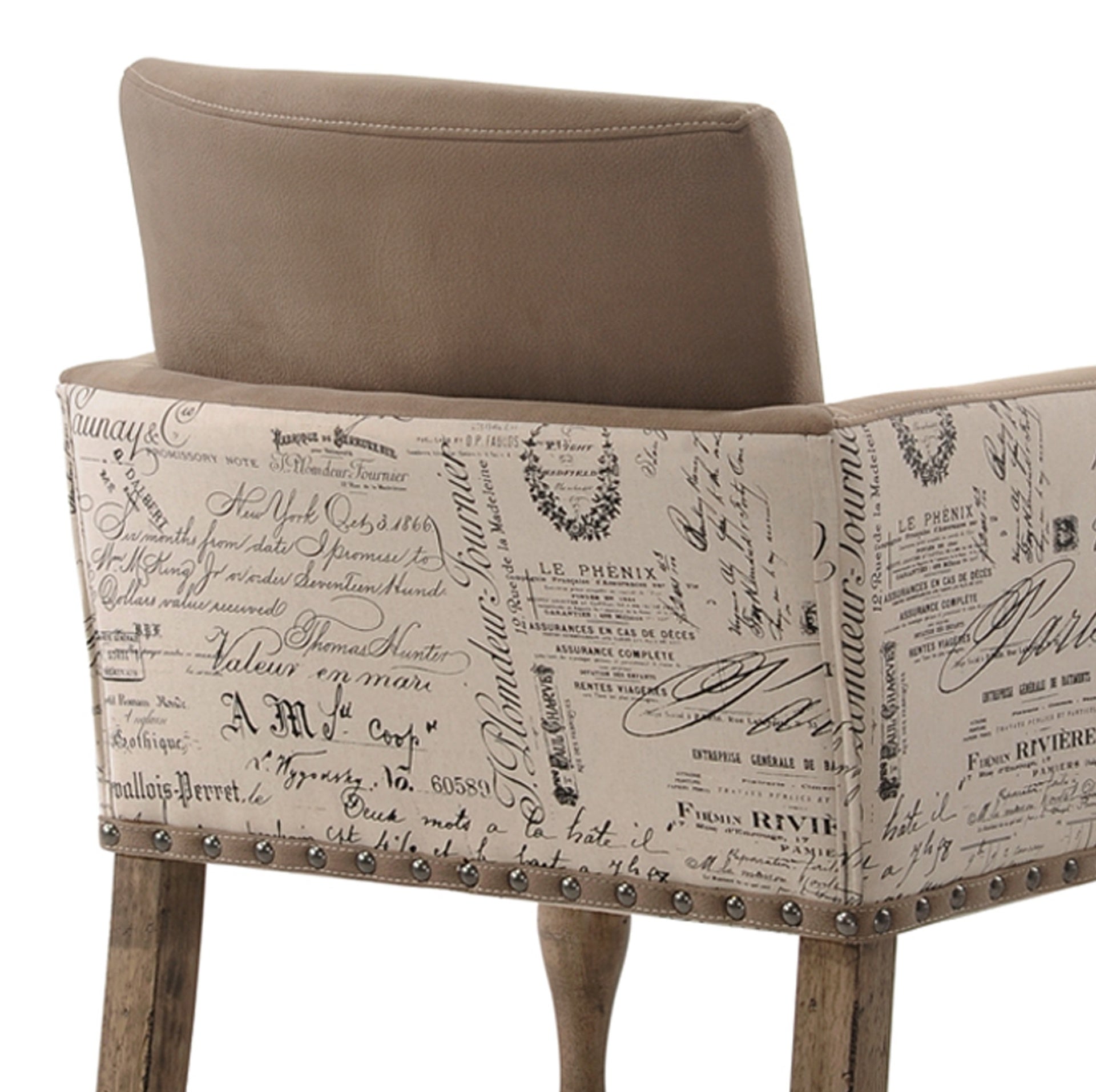 Birmingham Script Printed Driftwood Finish Dining Arm Chair with Nail head, Set of 2