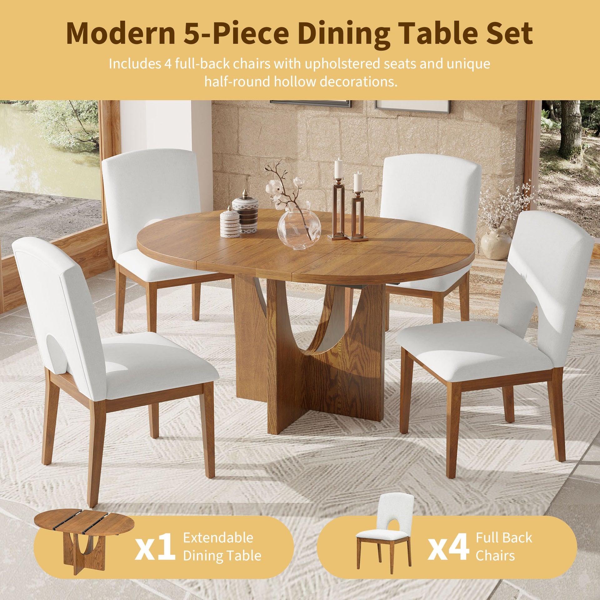 TOPMAX Modern 5-Piece Extendable Round Dining Table Set with 16.2inch Removable Leaf for Small Places, Walnut(old sku:SP000062)