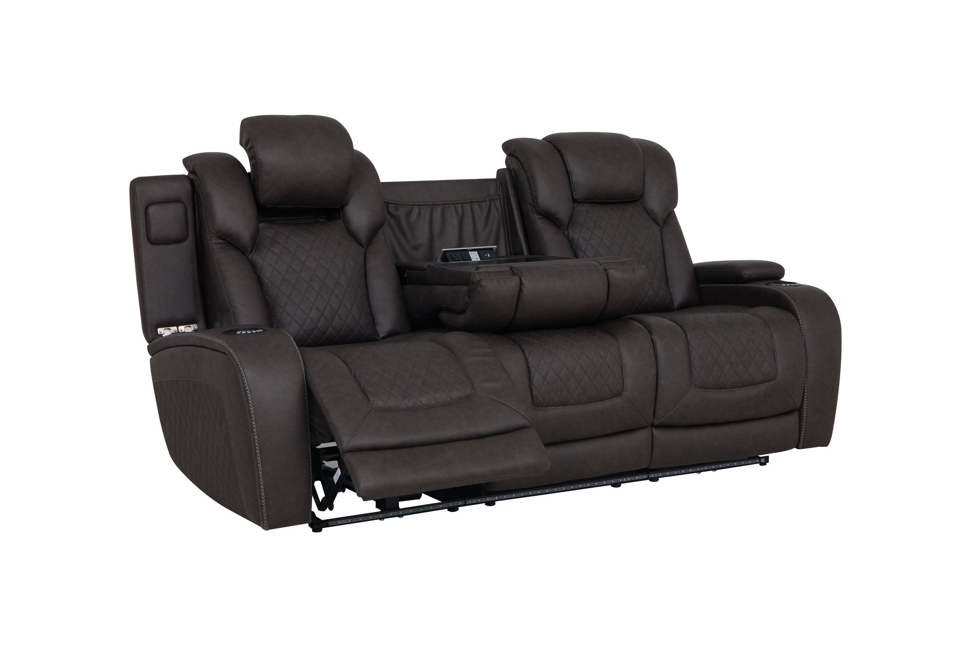 Wendell Dark Gray Microfiber Power Motion Sofa w/Dropdown Table, Storage, USB & LED