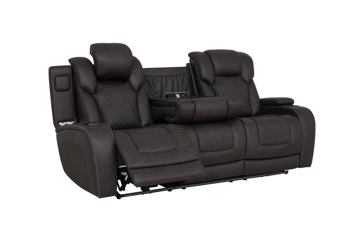 Wendell Dark Gray Microfiber Power Motion Sofa w/Dropdown Table, Storage, USB & LED