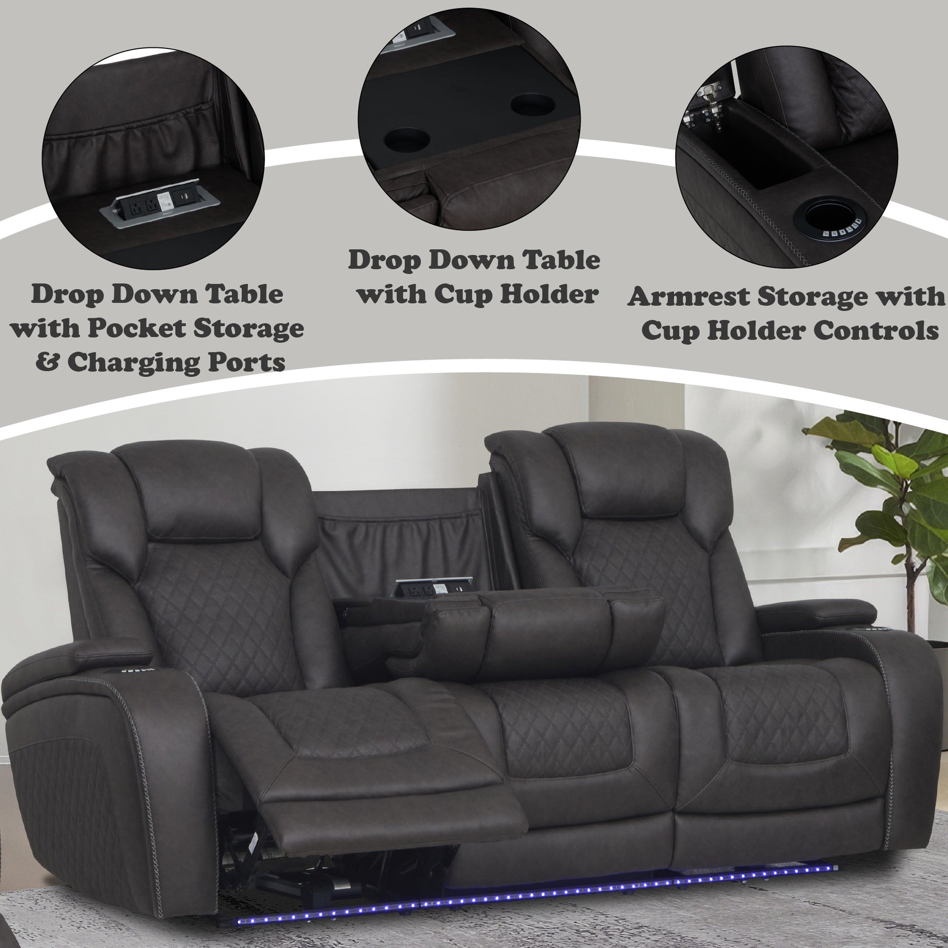 Wendell Dark Gray Microfiber Power Motion Sofa w/Dropdown Table, Storage, USB & LED