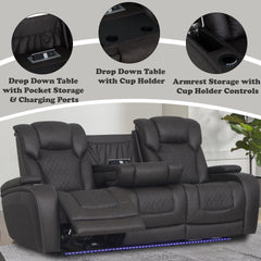 Wendell Dark Gray Microfiber Power Motion Sofa w/Dropdown Table, Storage, USB & LED