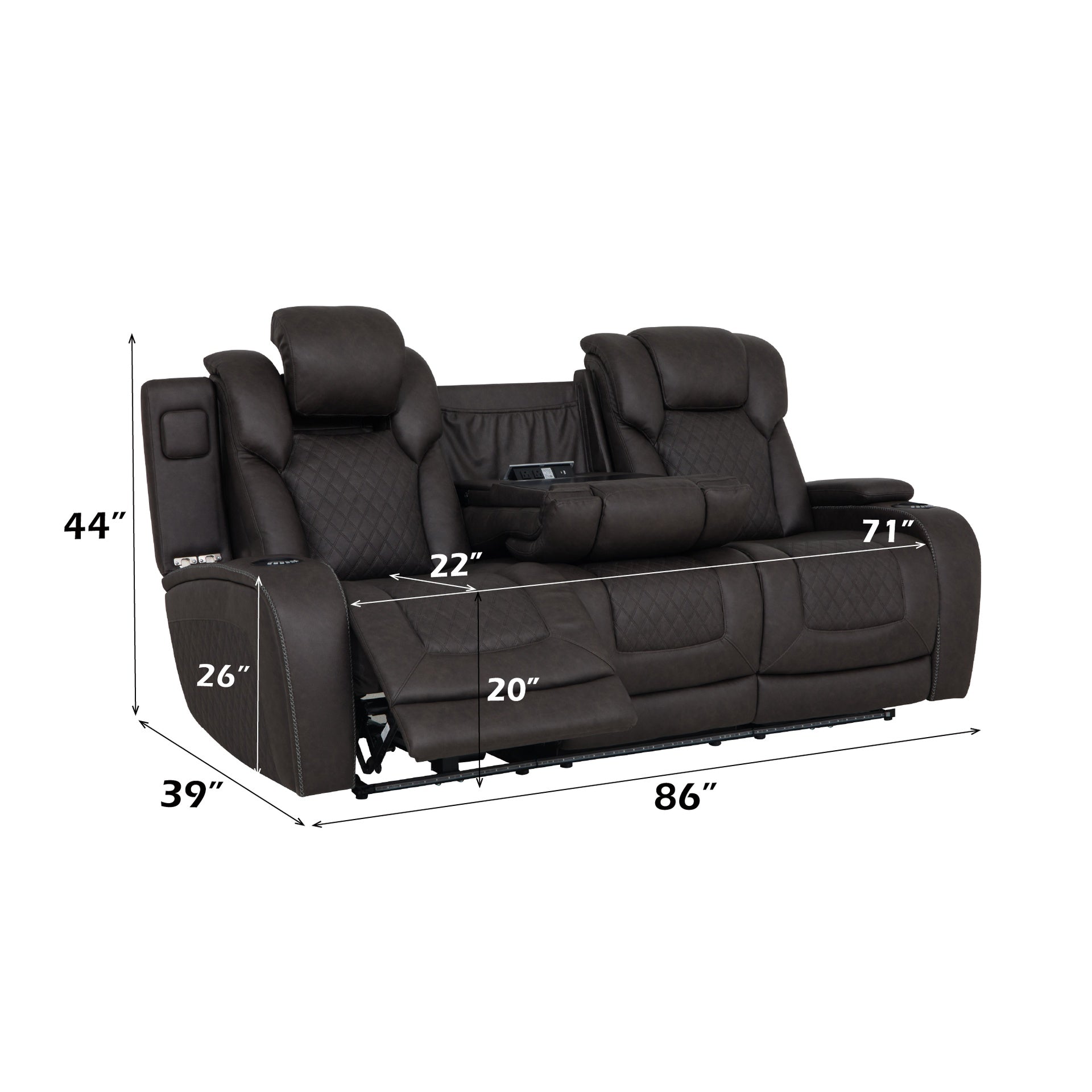 Wendell Dark Gray Microfiber Power Motion Sofa w/Dropdown Table, Storage, USB & LED