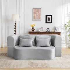 Queen Size Modern Light Grey Floor Sofa with 4 Pillows, Plush Fabric Futon Sofa Couch, High-Density Foam Folding Mattress for Living Room,Guest, Bedroom,No Assembly Required