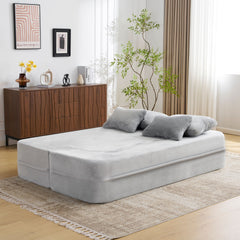 Queen Size Modern Light Grey Floor Sofa with 4 Pillows, Plush Fabric Futon Sofa Couch, High-Density Foam Folding Mattress for Living Room,Guest, Bedroom,No Assembly Required