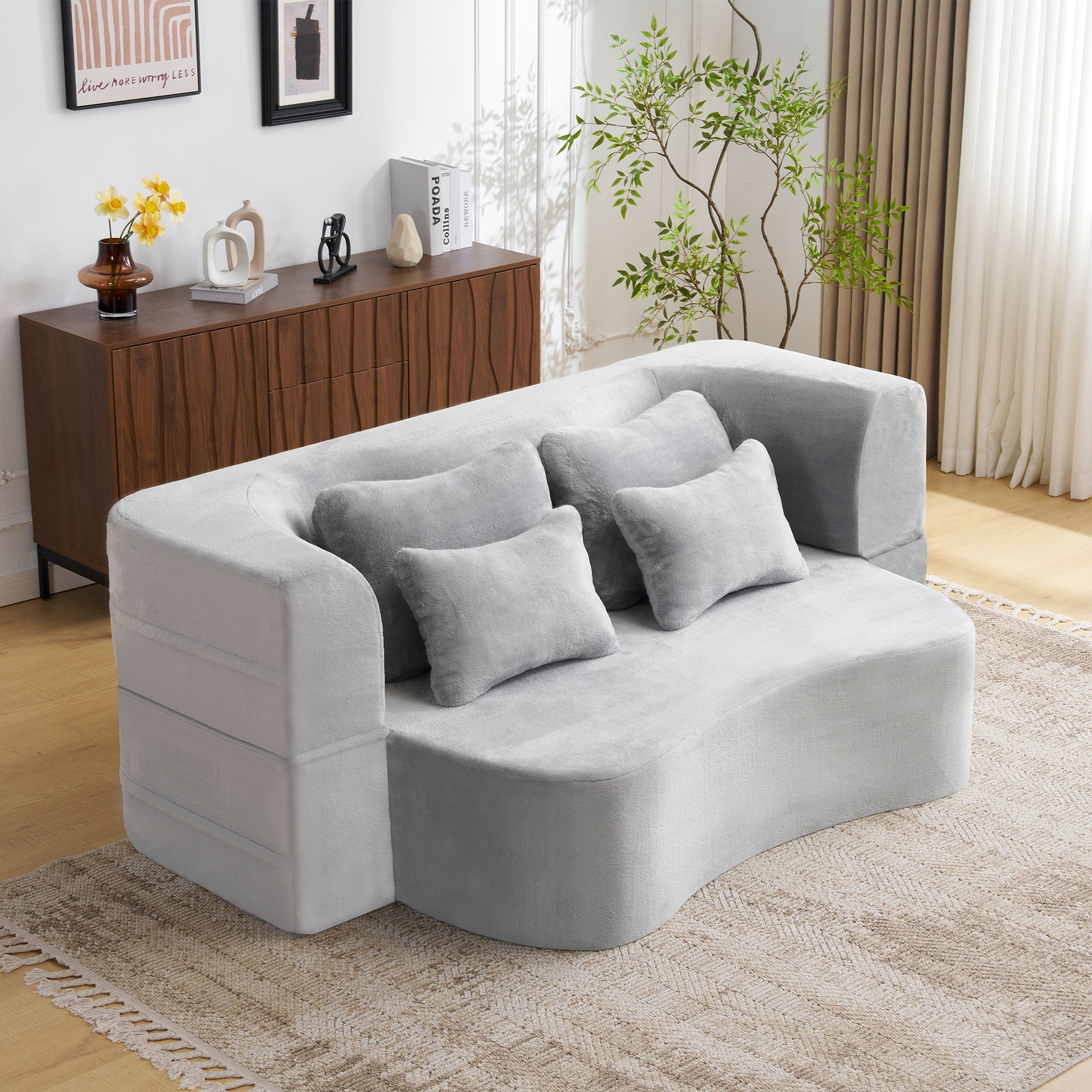 Queen Size Modern Light Grey Floor Sofa with 4 Pillows, Plush Fabric Futon Sofa Couch, High-Density Foam Folding Mattress for Living Room,Guest, Bedroom,No Assembly Required