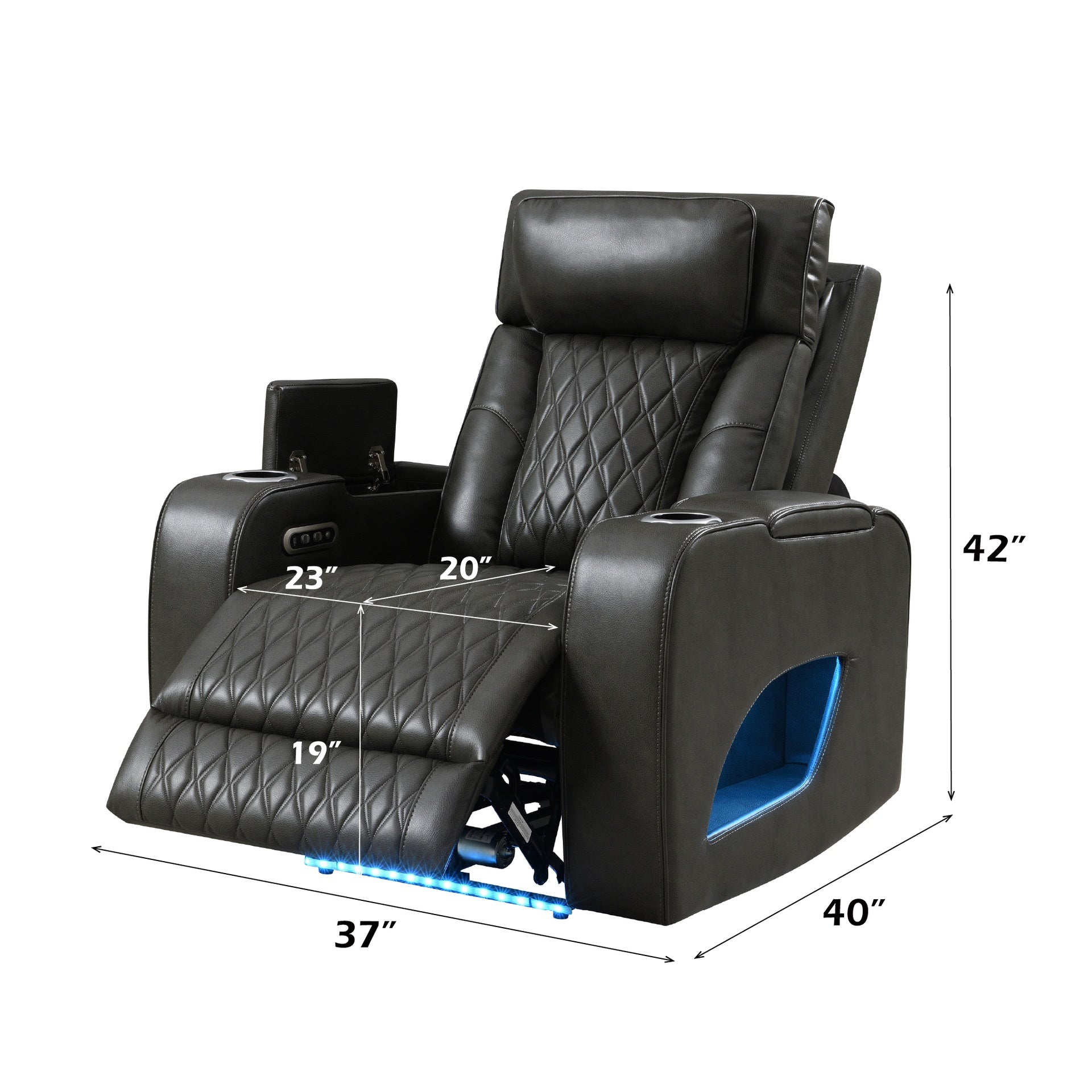 Taddeo Dark Gray Synthetic Leather Power Motion Recliner w/Power Headrest, USB, Wireless Charger & LED