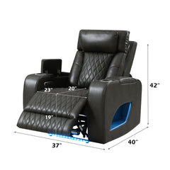 Taddeo Dark Gray Synthetic Leather Power Motion Recliner w/Power Headrest, USB, Wireless Charger & LED