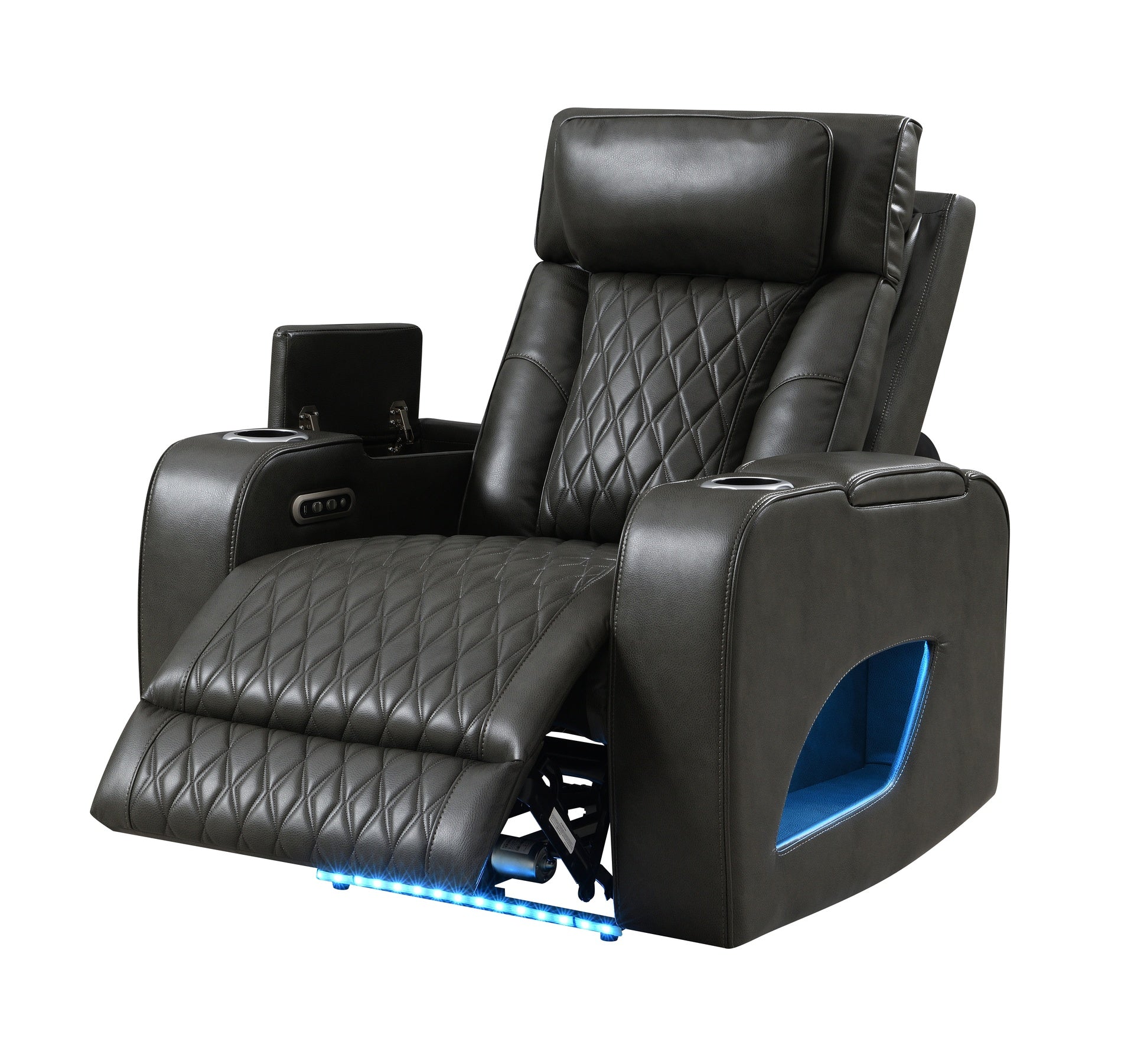 Taddeo Dark Gray Synthetic Leather Power Motion Recliner w/Power Headrest, USB, Wireless Charger & LED
