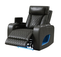 Taddeo Dark Gray Synthetic Leather Power Motion Recliner w/Power Headrest, USB, Wireless Charger & LED