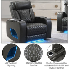 Taddeo Dark Gray Synthetic Leather Power Motion Recliner w/Power Headrest, USB, Wireless Charger & LED