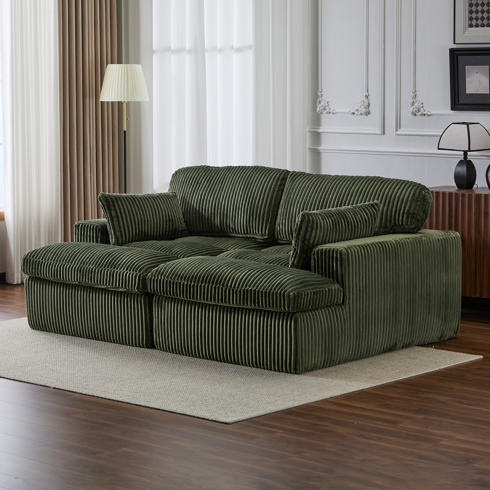 Double Chaise Lounge Chair Indoor,Oversized Upholstered Sleeper Cloud Couch,Deep Seat Luxury Sofa Bed,Sectional Sofa Chaise Love-seat,Corduroy Reading Chair for Living Room,No Assembly Required,Green