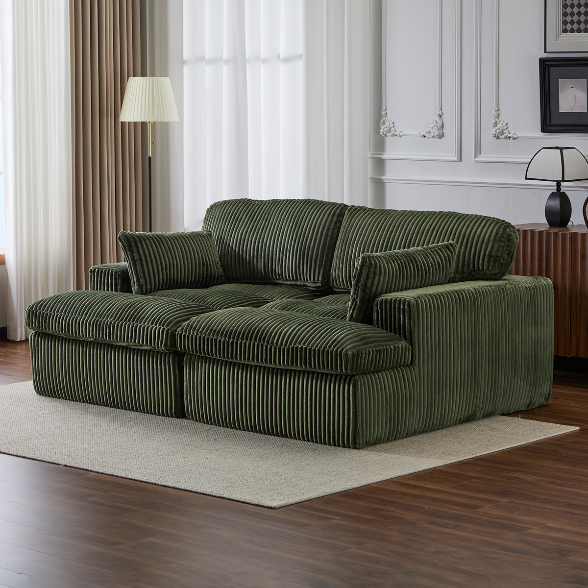Double Chaise Lounge Chair Indoor,Oversized Upholstered Sleeper Cloud Couch,Deep Seat Luxury Sofa Bed,Sectional Sofa Chaise Love-seat,Corduroy Reading Chair for Living Room,No Assembly Required,Green