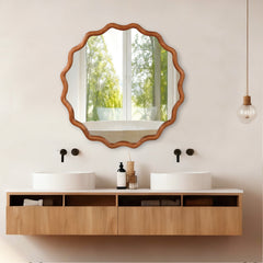 Yellowish Brown 36 inch Wavy Round Solid Wood Frame Decorative Mirror,For Bedroom, Bathroom, Living Room, Entryway