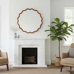 Yellowish Brown 36 inch Wavy Round Solid Wood Frame Decorative Mirror,For Bedroom, Bathroom, Living Room, Entryway