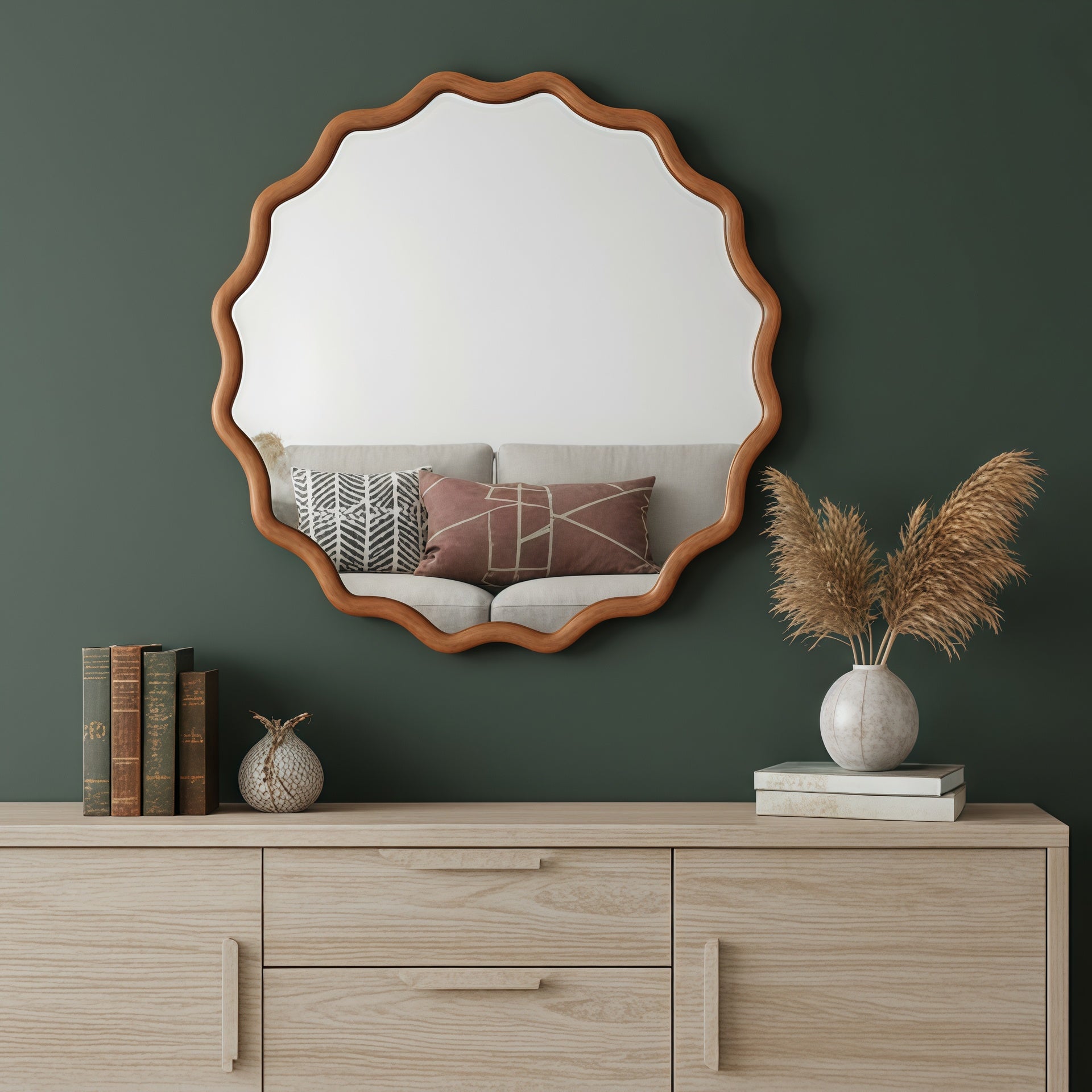 Yellowish Brown 36 inch Wavy Round Solid Wood Frame Decorative Mirror,For Bedroom, Bathroom, Living Room, Entryway