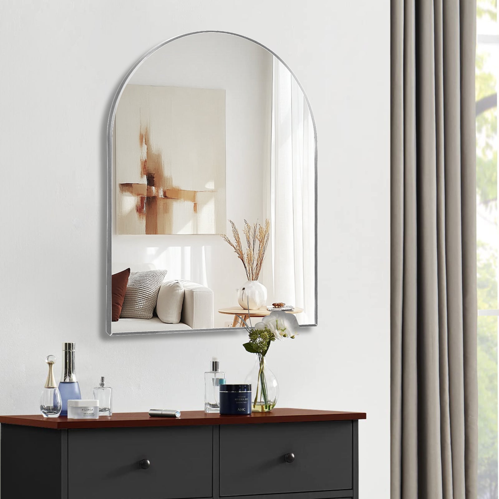 30x40 Inch Silver Metal Framed Arched Bathrrom Mirror for Wall.