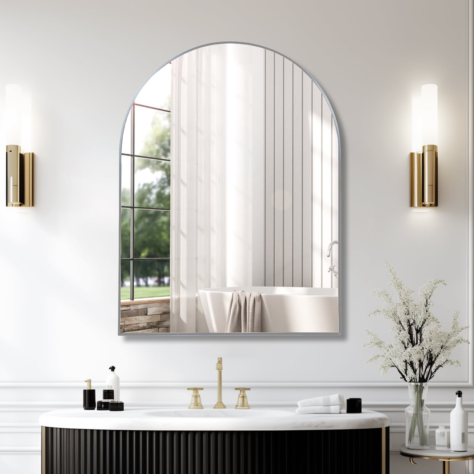 30x40 Inch Silver Metal Framed Arched Bathrrom Mirror for Wall.