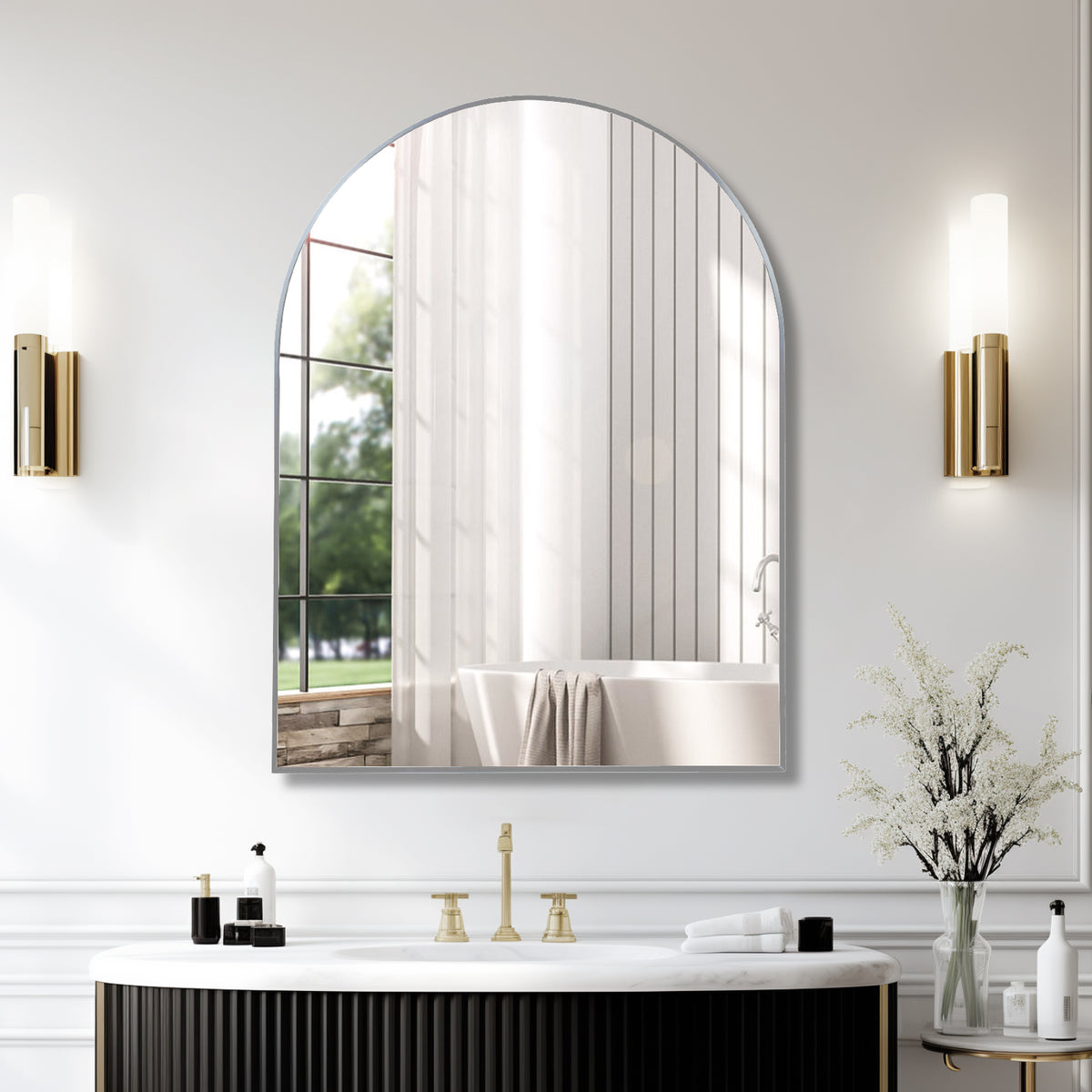 30x40 Inch Silver Metal Framed Arched Bathrrom Mirror for Wall.