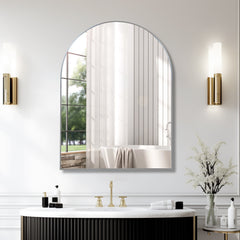 30x40 Inch Silver Metal Framed Arched Bathrrom Mirror for Wall.