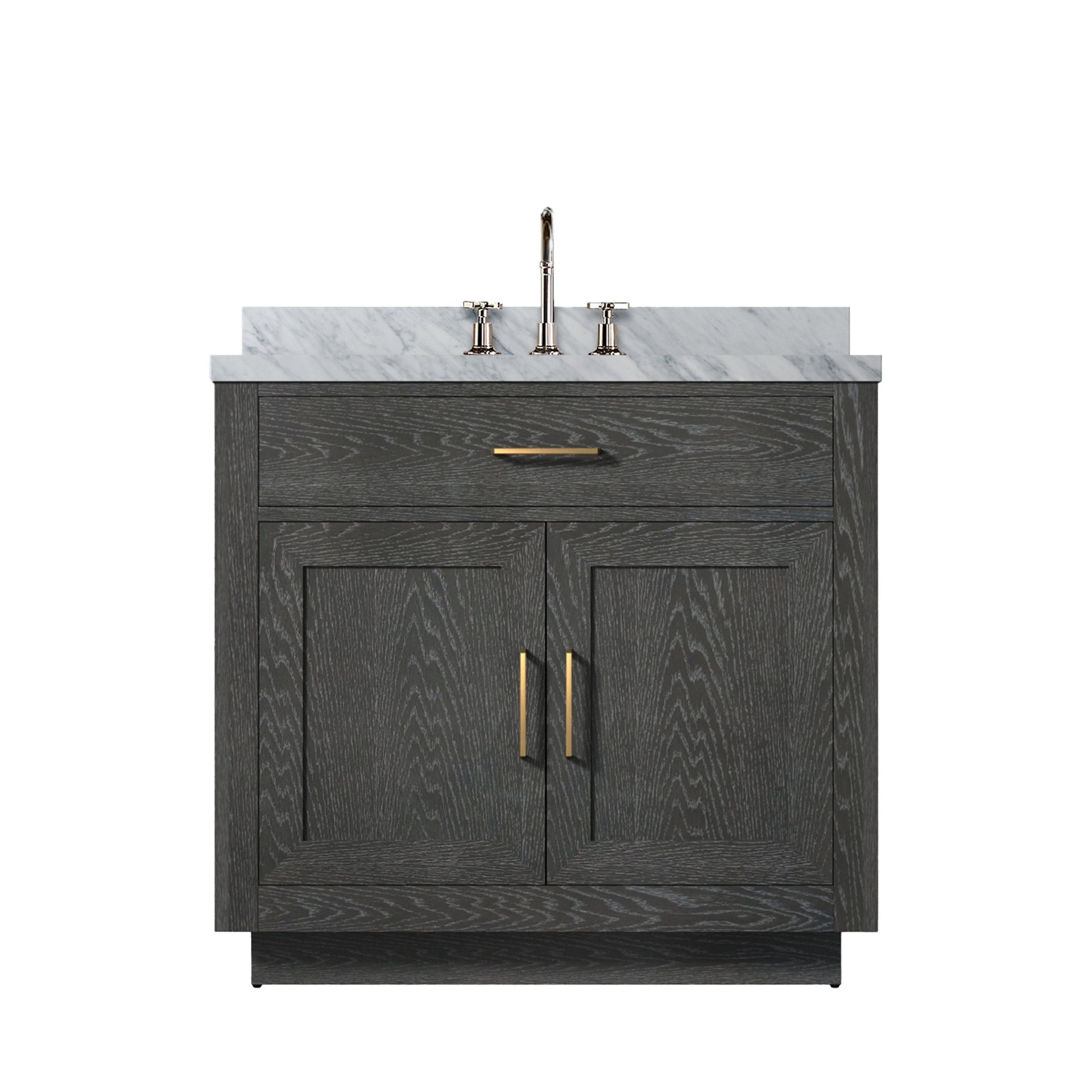 Black Oak Single Bath Vanity 36 in. W x 22 in. D, Carrara Marble Top, and Faucet Set