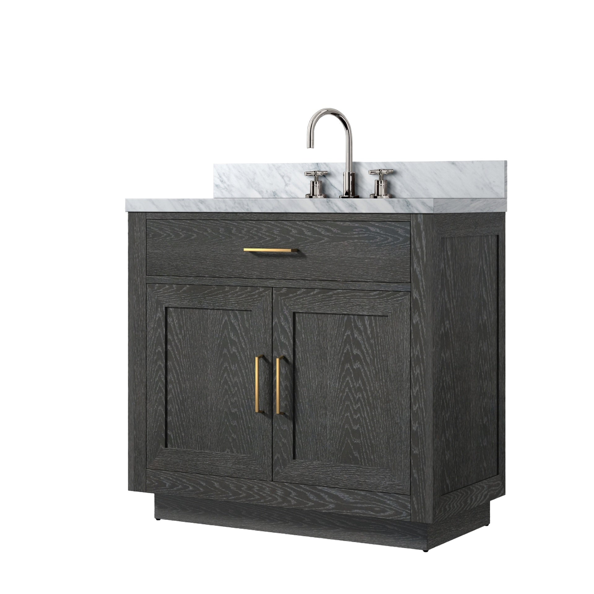 Black Oak Single Bath Vanity 36 in. W x 22 in. D, Carrara Marble Top, and Faucet Set