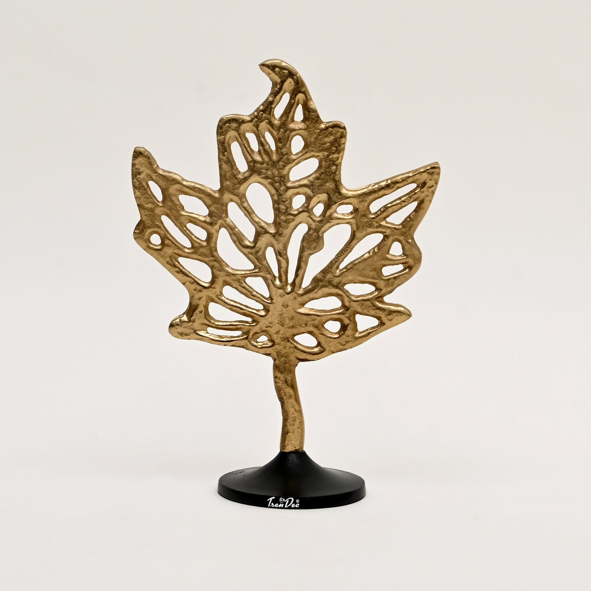 Aluminum Golden Maple Leaf Accent on Black Base – Stylish Table Décor Sculpture-11.5x5.5x16"