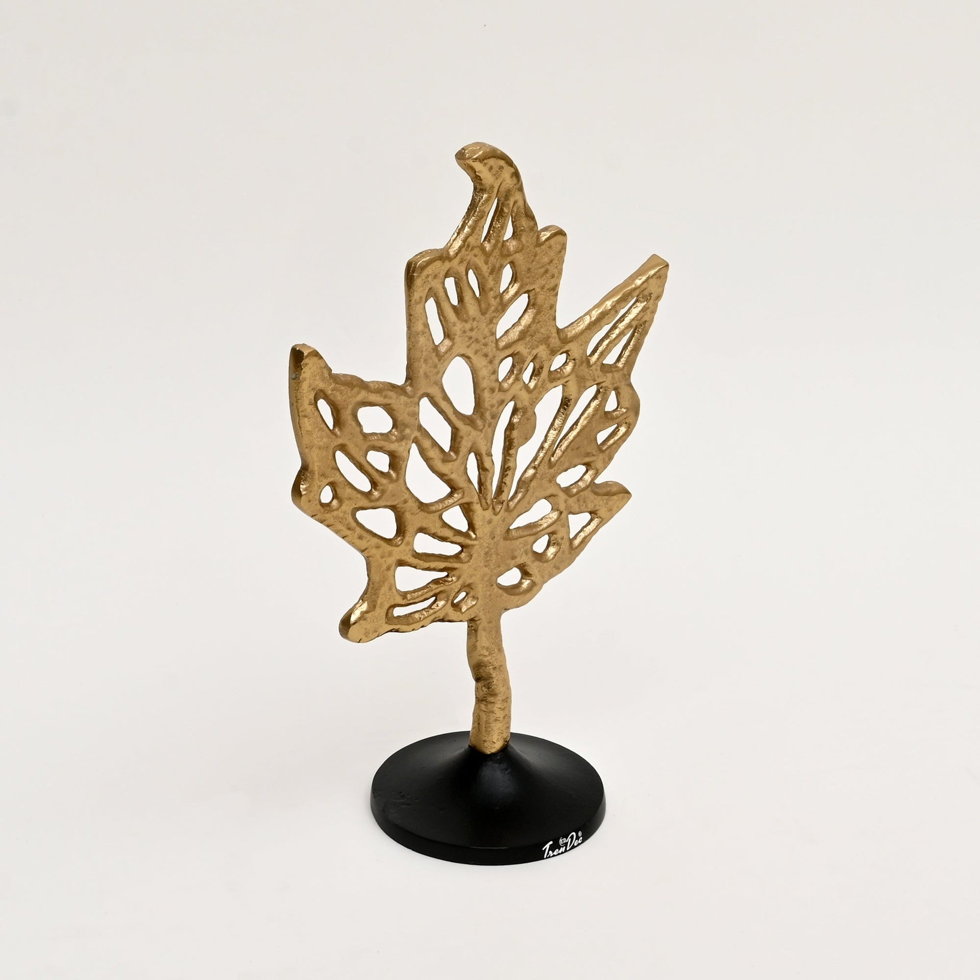 Aluminum Golden Maple Leaf Accent on Black Base – Stylish Table Décor Sculpture-11.5x5.5x16"