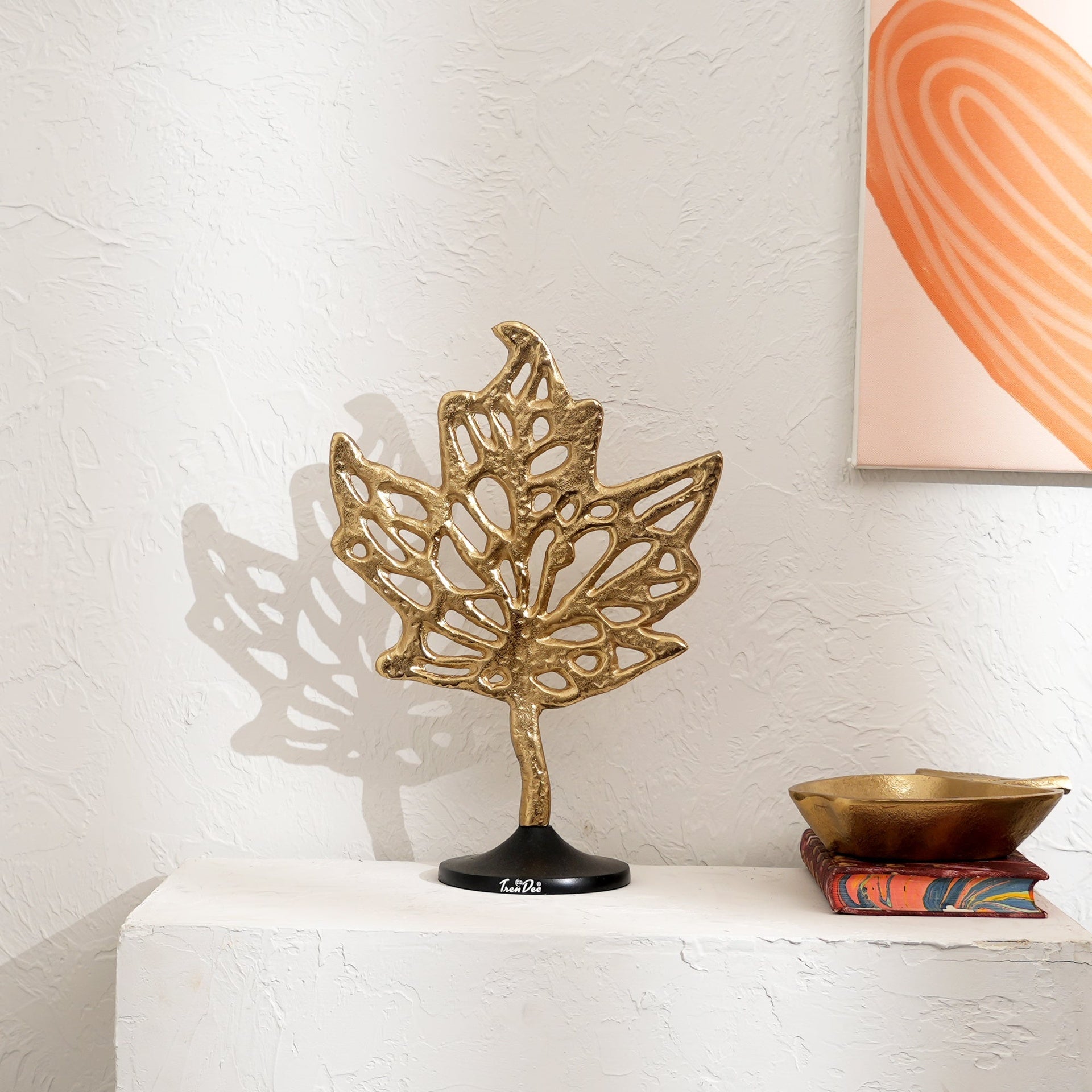 Aluminum Golden Maple Leaf Accent on Black Base – Stylish Table Décor Sculpture-11.5x5.5x16"