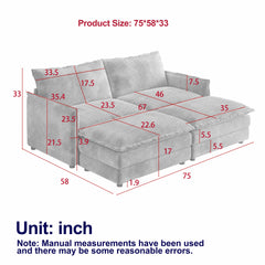 Corduroy fabric 2-seater comfortable cloud sofa with 2 movable footrests for living room, oversized deep-seat recliner, upholstered large-size deep-seat sofa with 2 cushions