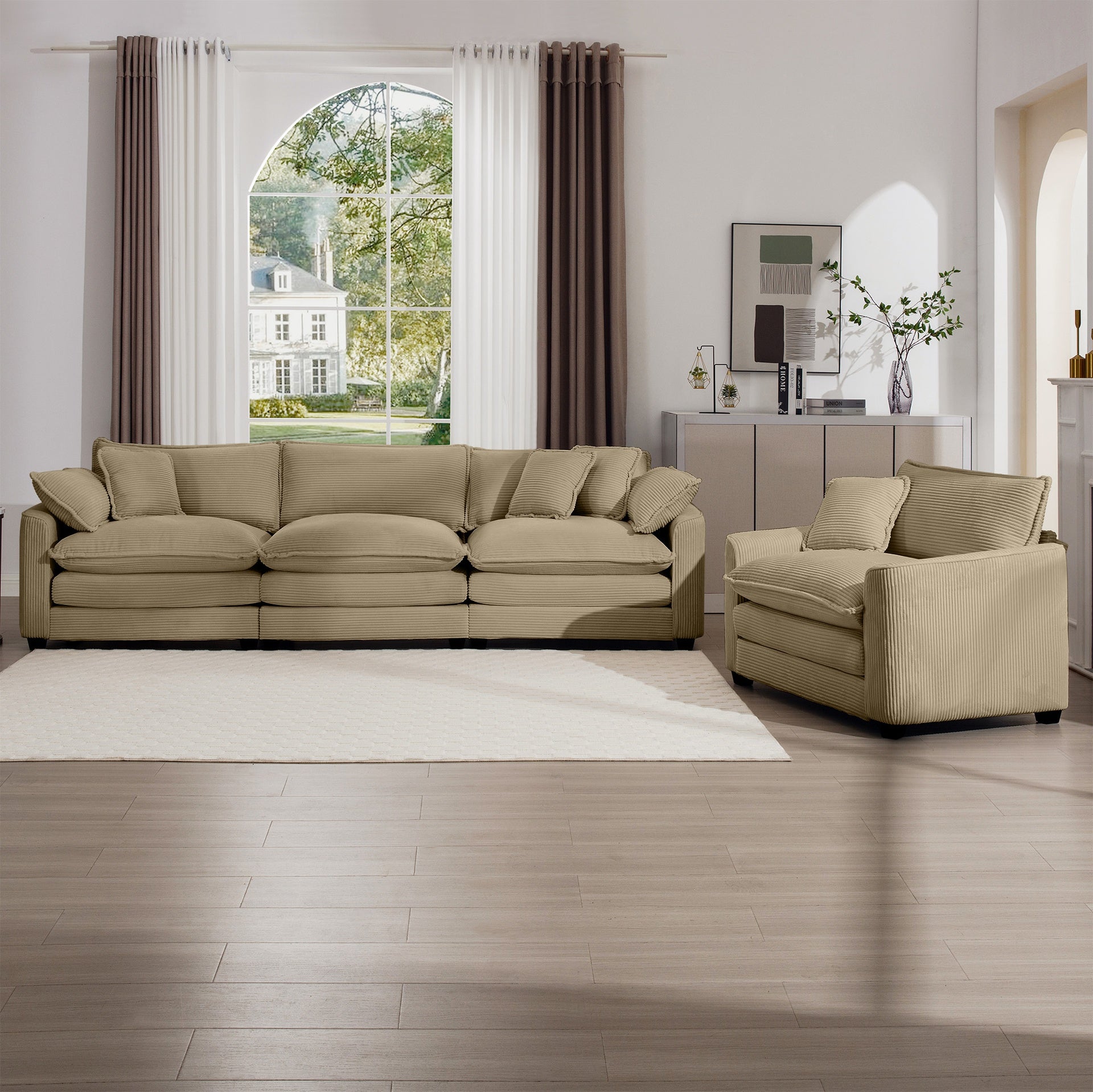 Mid-Century Modern Sectional Set of Two, One 3-Seater Sectional and One Single-Seater Sectional with 2 Arm Pillows and 4 Throw Pillows, Living Room Sectional Tan Corduroy Fabric