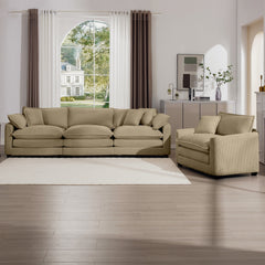 Mid-Century Modern Sectional Set of Two, One 3-Seater Sectional and One Single-Seater Sectional with 2 Arm Pillows and 4 Throw Pillows, Living Room Sectional Tan Corduroy Fabric