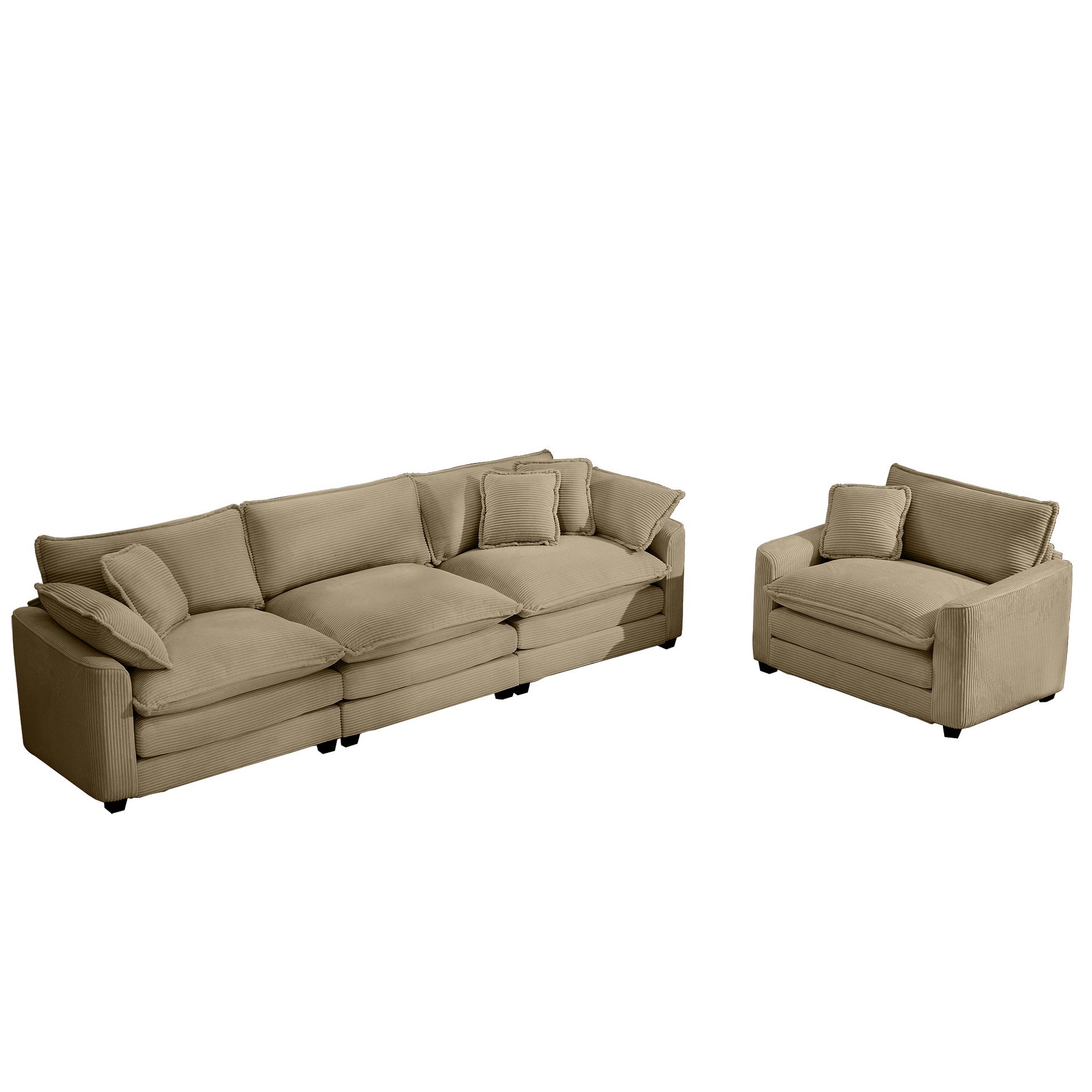 Mid-Century Modern Sectional Set of Two, One 3-Seater Sectional and One Single-Seater Sectional with 2 Arm Pillows and 4 Throw Pillows, Living Room Sectional Tan Corduroy Fabric