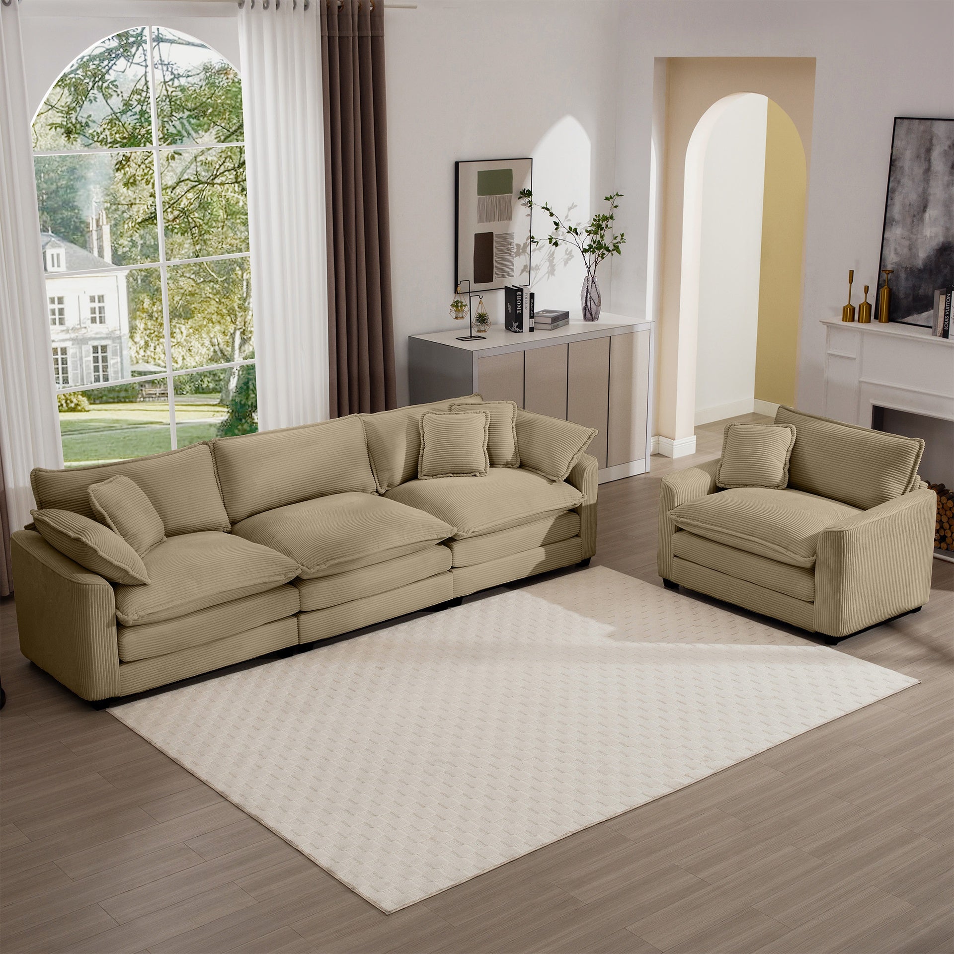Mid-Century Modern Sectional Set of Two, One 3-Seater Sectional and One Single-Seater Sectional with 2 Arm Pillows and 4 Throw Pillows, Living Room Sectional Tan Corduroy Fabric