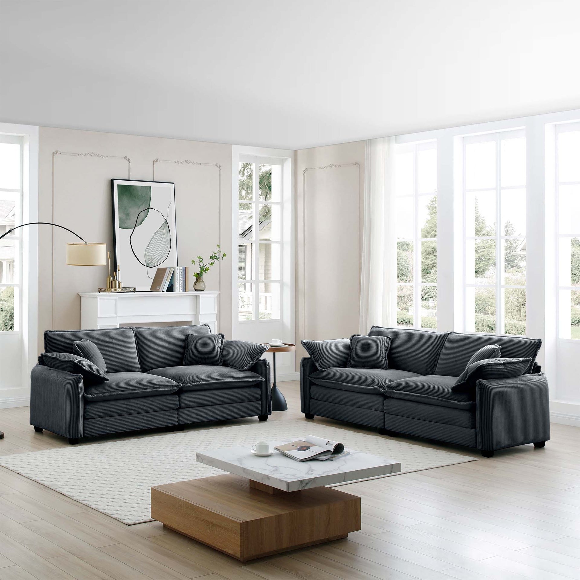 Modern Living Room Sofa Two-Piece Set, Suitable for Living room and Bedroom Sofa Set, Consists of two pieces of 2 Seater Sofa,Grey Corduroy