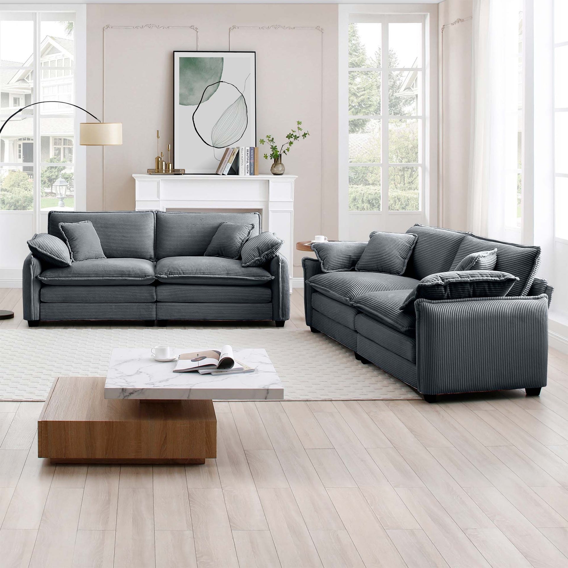 Modern Living Room Sofa Two-Piece Set, Suitable for Living room and Bedroom Sofa Set, Consists of two pieces of 2 Seater Sofa,Grey Corduroy