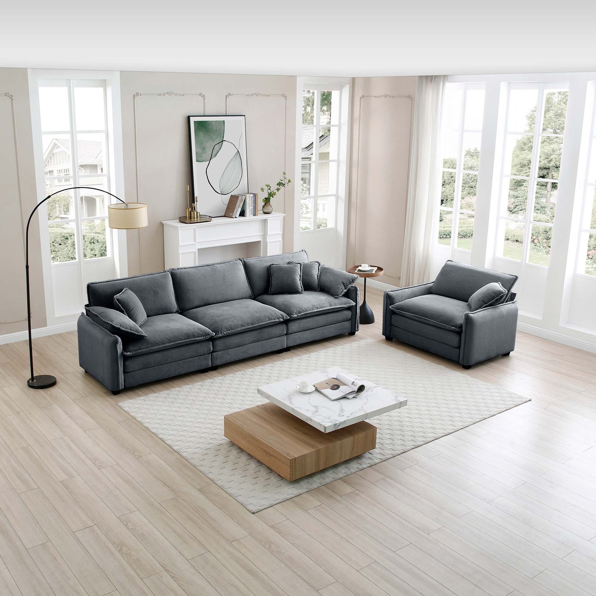 Mid-Century Modern Sofa Set of Two, One 3-Seater Sofa and One Single Seat Sofa with 2 Arm Pillows and 4 Throw Pillows,2 Pieces Sofa Set for Living Room,Grey Corduroy Fabric