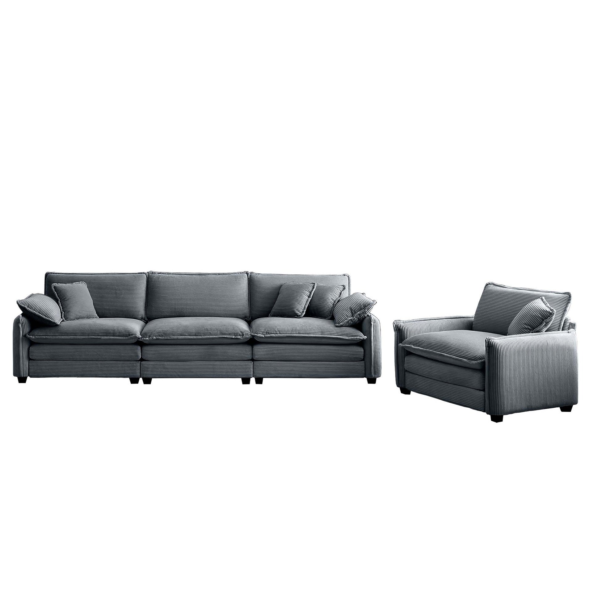 Mid-Century Modern Sofa Set of Two, One 3-Seater Sofa and One Single Seat Sofa with 2 Arm Pillows and 4 Throw Pillows,2 Pieces Sofa Set for Living Room,Grey Corduroy Fabric