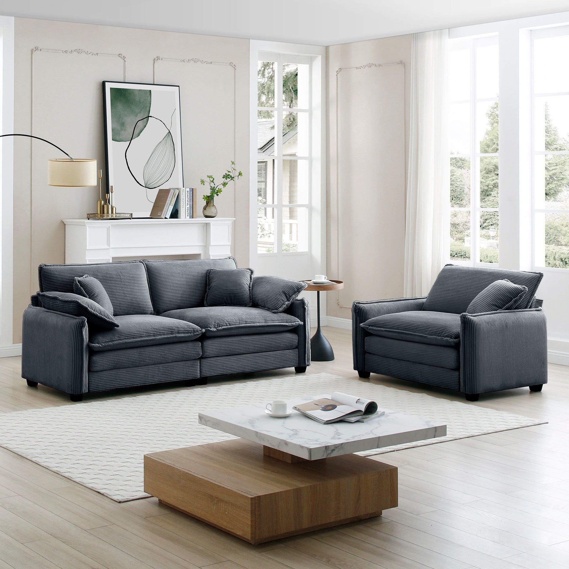 Modern Living Room Sofa Two Pieces Set, Suitable for Living room and Small Apartment , 2 Pieces Sofa Set Consists of a Single Seat Sofa and a 2-Seater Sofas,Grey Corduroy