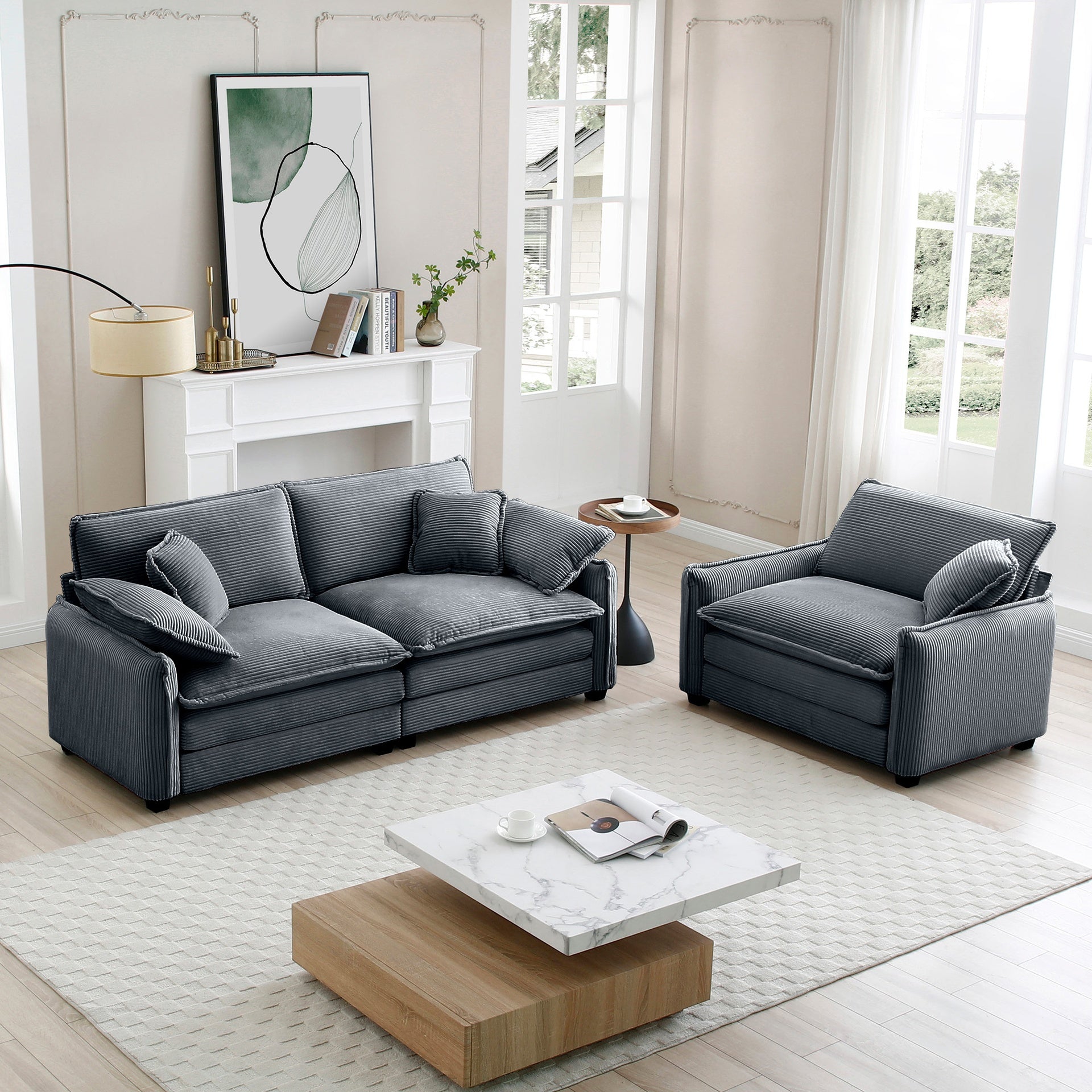 Modern Living Room Sofa Two Pieces Set, Suitable for Living room and Small Apartment , 2 Pieces Sofa Set Consists of a Single Seat Sofa and a 2-Seater Sofas,Grey Corduroy
