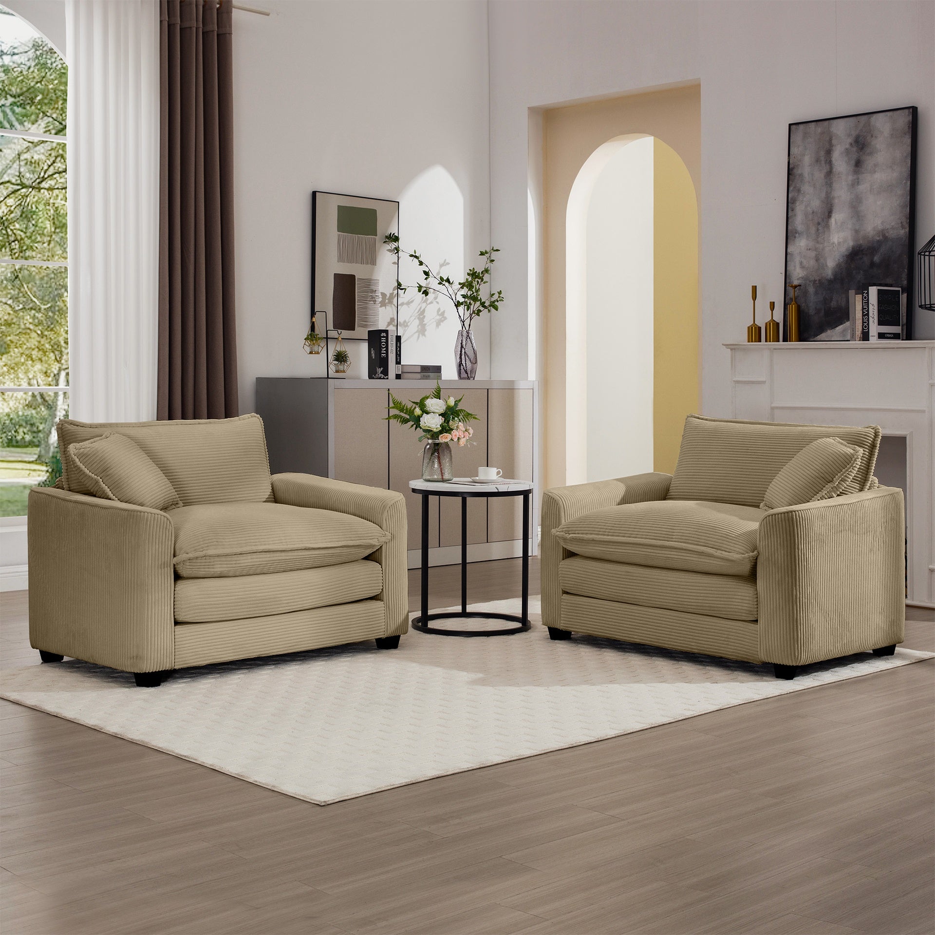 Luxurious and Sophisticated Deep Seated Sofa Set with Two Single Chairs in Tan Corduroy Fabric, Suitable for Bedroom and Office