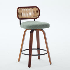 Set of 2 26-Inch Counter Height Bar Stools - Walnut Black, Cane Rattan Back, Light Green Linen Upholstered Seat, Swivel Design for Kitchen Island/Bar/Counter,SW1766OL