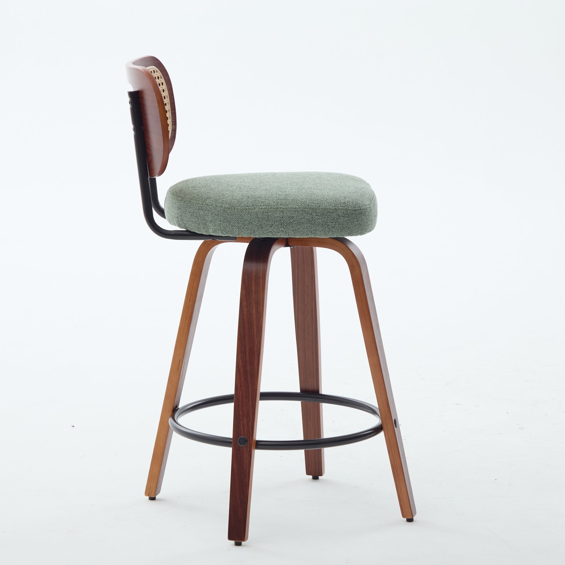 Set of 2 26-Inch Counter Height Bar Stools - Walnut Black, Cane Rattan Back, Light Green Linen Upholstered Seat, Swivel Design for Kitchen Island/Bar/Counter,SW1766OL